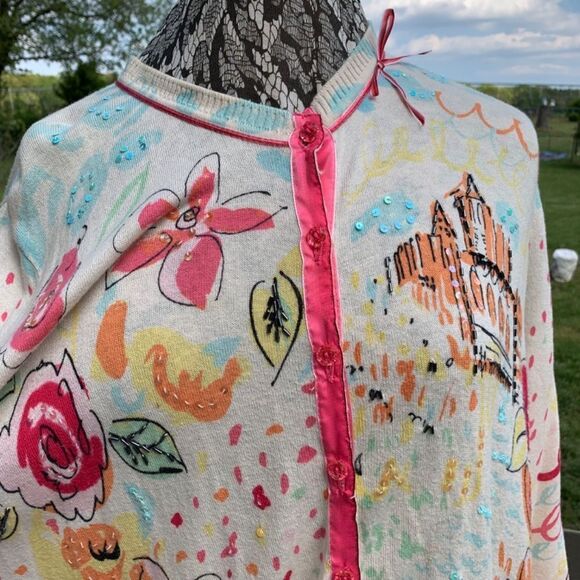 I. E. Woman Sz 1X Cream Button Up Sweater Whimsical Floral Postcard Design (C74) - Picture 4 of 15